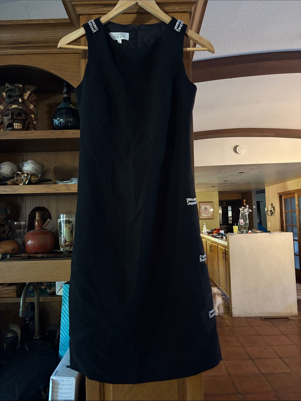 Teri Jon Black Sleeveless Shift Dress with Shoulder Embellishments
